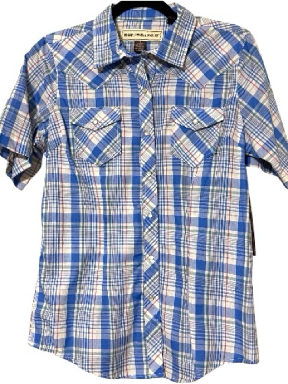 Bit & Bridle women's small western pearl snap blue plaid short sleeve casual top